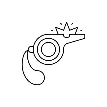 Referee whistle line icon for sports officiating, coaching, game signals, and disciplinary control in athletic competitions
