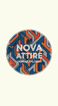 Circular logo for Nova Attire, an urban explorer brand, featuring abstract geometric patterns in blue, orange, and gray.