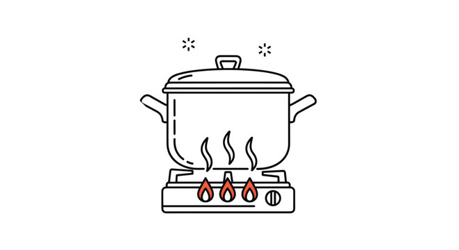 Large cooking pot sits on a gas stove burner with bright red flames and rising steam suggesting a meal is being prepared in a kitchen.