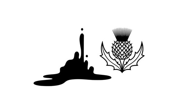 Modern black spilled drink silhouette with geometric thistle icon in Scottish themed vector composition