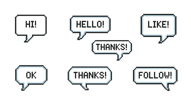 collection of pixel art speech bubbles containing common social media terms like hi hello like thanks and follow.