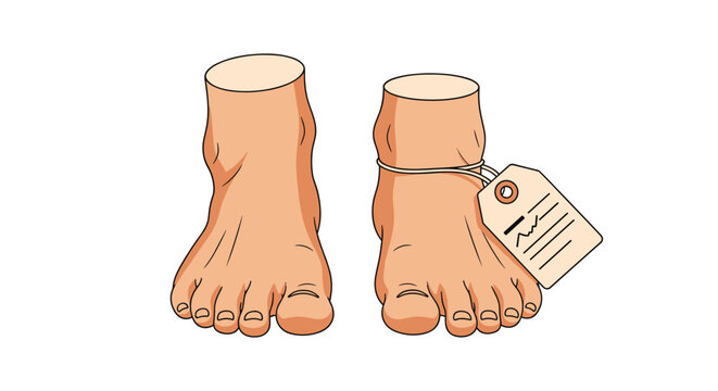 medical morgue concept showing a pair of human feet with an identification toe tag attached to the ankle for forensics.