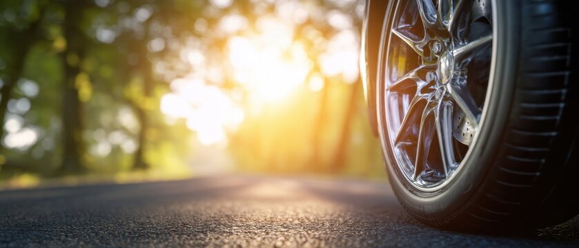 The car wheel on sunlit road with blurred forest background at golden hour