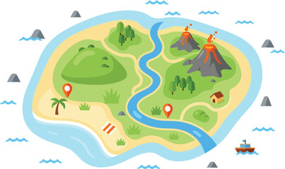 Naklejka premium Tropical island map with volcano and river adventure game level design