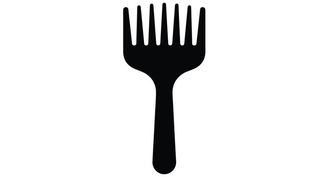 A minimalist depiction of a black afro pick isolated on a stark white background showcasing its simple form