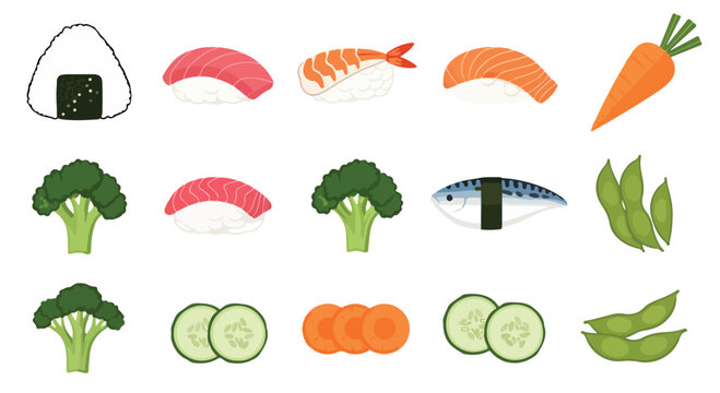 Set of assorted healthy sushi ingredients and fresh vegetables icons.