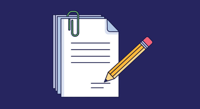 Illustration of a stack of documents held by a paperclip being signed with a pencil representing business contracts and paperwork.