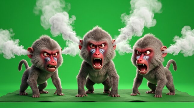 Three Angry Baboons with Steam Erupting from Their Heads.