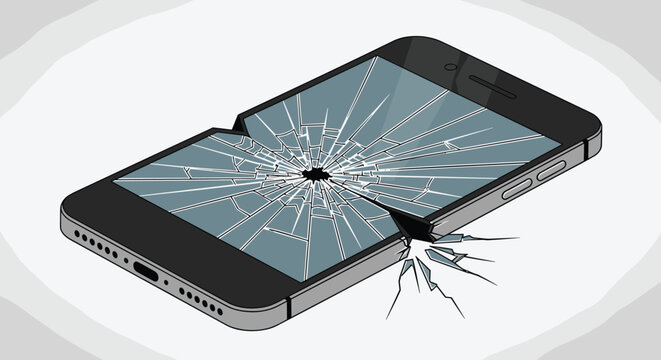 Smartphone device is shown from an angle with a severely cracked and shattered glass screen caused by a heavy impact.