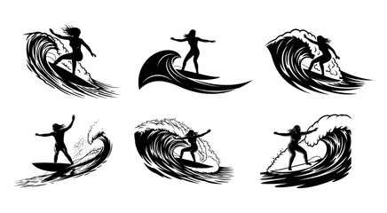 Fototapeta premium Elegant Surfer Girl Silhouette Riding Waves in Minimalist Vector Art Design Style