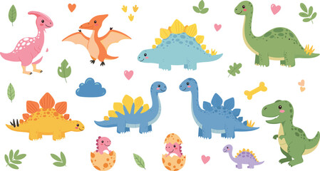 Cute Dinosaur Illustration Set Featuring Baby Dinosaurs, Pterodactyls, Stegosaurus, and Fun Dino Accessories for Kids' Educational, Fun, and Cartoon Design Projects. © MstSuborna