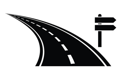 A curving black road leads toward a simple signpost with two directional arrows symbolizing choice high quality professional © Nupur02
