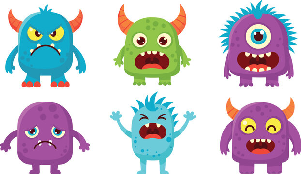 Cute Colorful Cartoon Monster Character Vector Illustration Set Featuring Angry Scared Sad and Crazy Emotion Expressions with Horns and One Eye for Kids and Game Design
