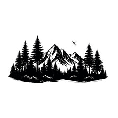 Fototapeta premium Forest and mountains vector black and white silhouette