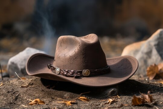 Brown felt cowboy hat featuring a leather band and decorative conchos on dirt with autumn leaves