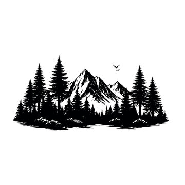 Forest and mountains vector black and white silhouette