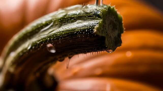 Macro shot of a pumpkin stem with water droplets and a blurred orange background