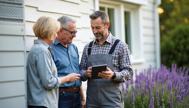 HVAC technician shows tablet info to senior couple outside house. Man consults homeowners about climate control system. Professionals discuss energy efficiency near lavender plants.
