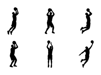 Basketball player silhouettes set, 6 vector icons of athletes jumping and shooting, black sport figures in action poses for logo design © Nadia