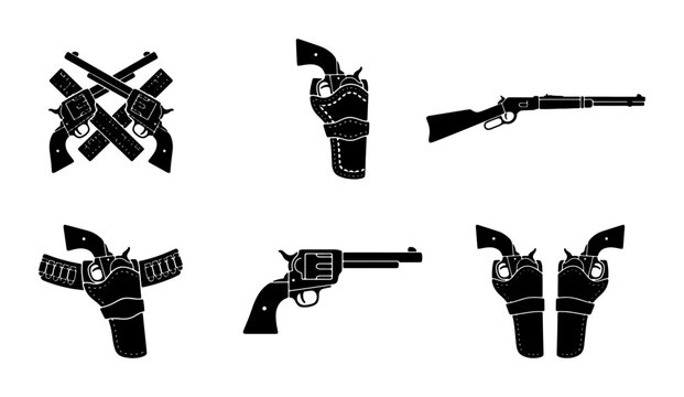 Vintage wild west revolver and rifle silhouettes, set of 6 western gun and holster vector icons, antique cowboy firearm weapon illustrations