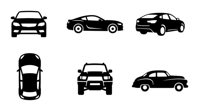 Black car silhouette icons, set of 6 vehicle vector symbols, modern sedan and vintage coupe silhouettes, automotive transport graphics for maps and apps