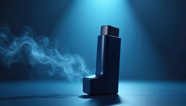 Dark asthma inhaler stands upright. Blue vapor streams from device. Dramatic studio light creates mood. Medical device helps breathing. Respiratory care concept.