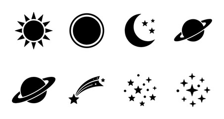 Minimalist celestial icon set, black space symbols including sun moon stars and planets, 8 flat vector elements for astronomy and astrology design © Nadia