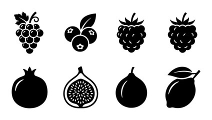Black fruit icons set with 8 vector elements, minimalist berry and fruit silhouettes, organic food symbols for grocery and menu design © Rehena