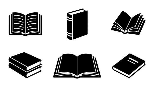 Minimalist book icon set with 6 black vector silhouettes, open and closed textbook symbols for education, literature and library graphic design