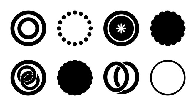 Minimalist black circle icons set, geometric round vector shapes, abstract circular logo elements, 8 decorative ring symbols for branding and UI design