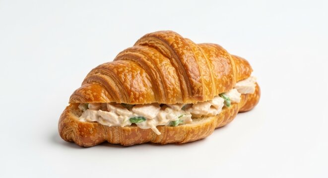 Close-up photo of a flaky, golden croissant sandwich filled with chicken salad on a white background