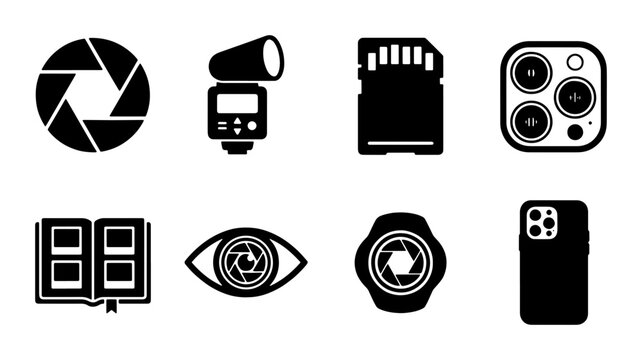 Photography icon set, 8 black vector symbols for digital imaging, camera lens aperture and flash equipment, smartphone mobile photography elements