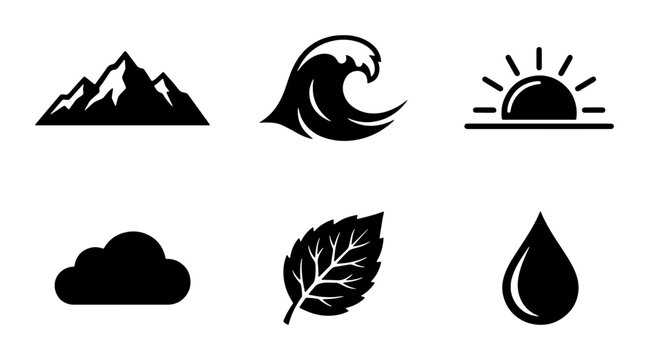 Minimalist nature icons set, black silhouette mountain and ocean wave symbols, 6 vector elements including sun leaf and water drop