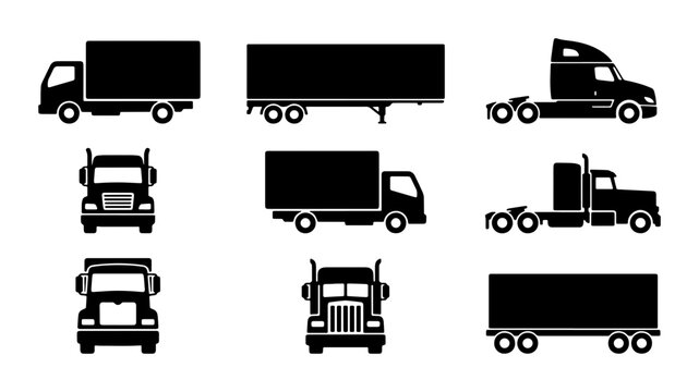 Commercial truck silhouette icons, heavy vehicle transport set, delivery semi-trailer and freight lorry vector graphics for logistics and shipping