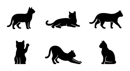Black cat silhouettes set, 6 feline vector icons in various poses, minimalist domestic cat shapes, pet animal profile collection for logo design © Rehena