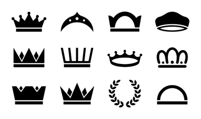 Royal crown icons set, black silhouette tiara and diadem vector collection, elegant heraldic symbols for luxury branding and logo design © Rehena
