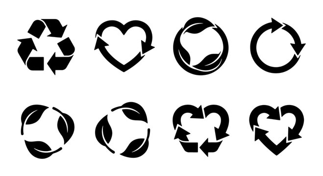 Recycle symbol icon set, black eco friendly arrows and leaf signs, 8 environmental sustainability vector elements for green packaging design