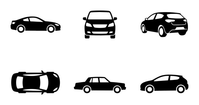 Minimalist car icons set, black silhouette vehicle vector collection, automotive transportation symbols in side front and top view for web design