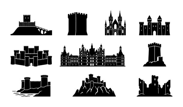 Medieval castle silhouette icons, 10 historical fortress and palace vector elements, black stone citadel and royal mansion shapes for maps