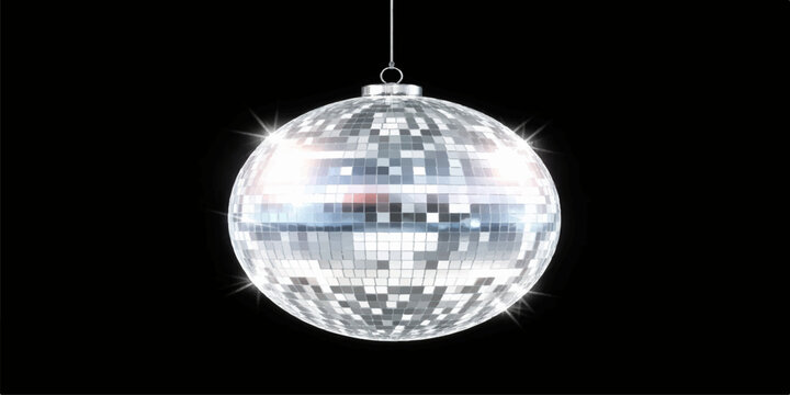 Shiny retro mirrorball disco ball isolated on a black background with bright glitter reflections for a night club dance party celebration