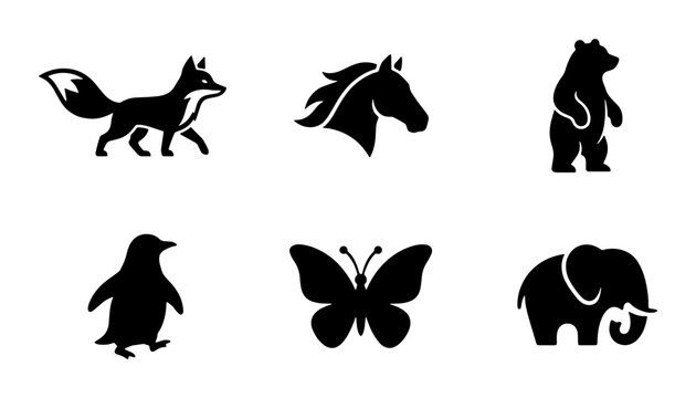 Minimalist animal silhouette icons, set of 6 black wildlife vector symbols, modern fox horse bear penguin butterfly and elephant logos for branding