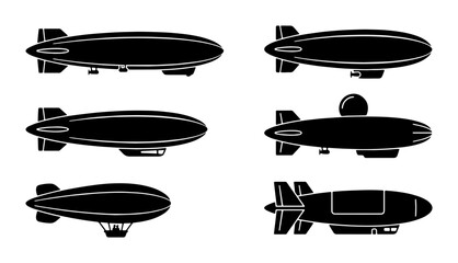 Vintage airship silhouette collection, set of 6 dirigible and zeppelin vector icons, retro steampunk flying transport graphics for logo design © Abu