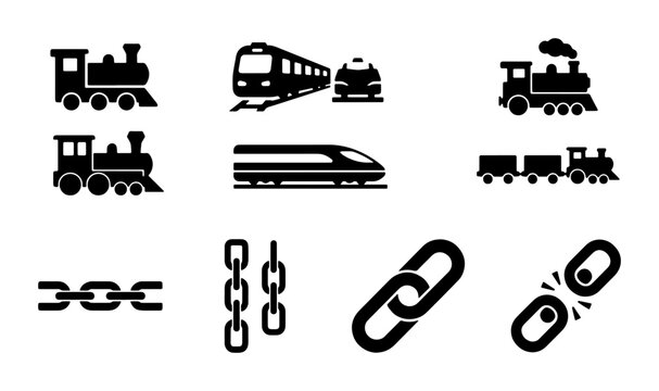 Black train icons and metal chain link symbols set, vintage steam locomotive and modern high speed railway vector, industrial connection and broken link graphics
