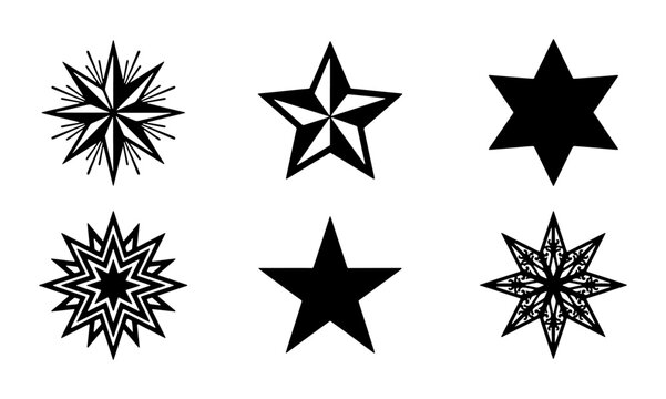 Vintage star icons set, black nautical compass and celestial starburst vector elements, collection of 6 geometric star symbols for logo design