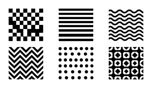 Minimalist geometric pattern set, black and white seamless textures, 6 abstract vector swatches with stripes, dots, waves and checkerboard