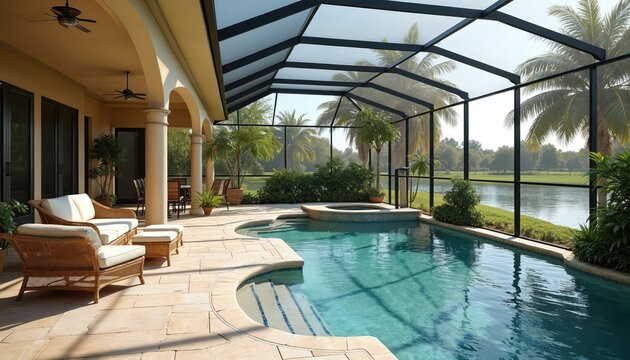 Luxury Florida home with lanai patio screened pool. Tropical palms border water view. Outdoor furniture on paved terrace. Relaxing sunny day at resort.