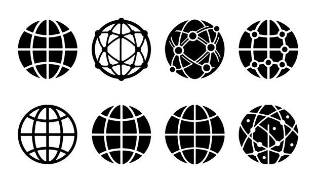 Global network icon set, 8 black globe vector symbols, world map grid and digital connection line icons, international communication graphics