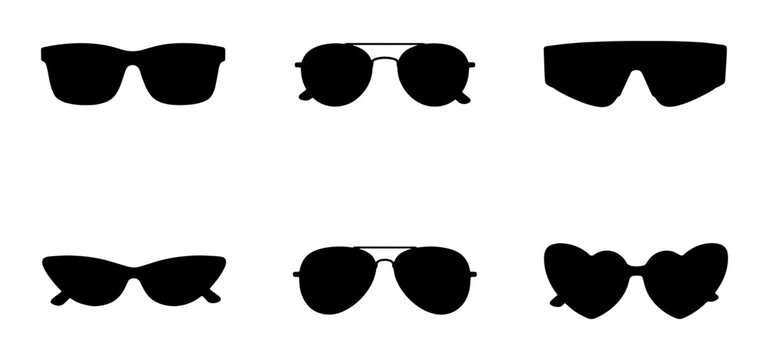 Black sunglasses silhouette set, 6 modern eyewear icons, stylish sun glasses collection including aviator and heart shapes, fashion vector elements