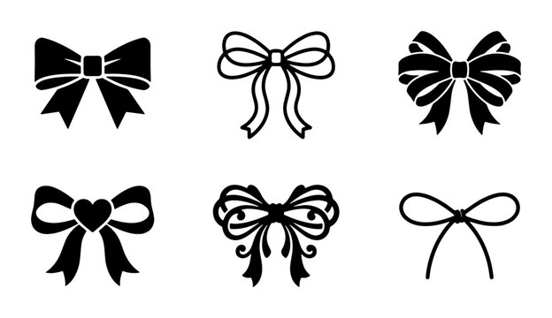 Black ribbon bow icons set, 6 decorative gift bow vector illustrations, elegant silhouette knots for wedding invitations and holiday packaging