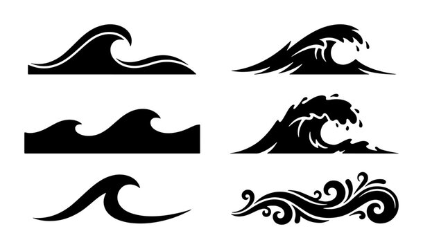 Stylized ocean wave silhouettes set, black sea surf icons collection, minimalist water splash vector elements for logo design and summer branding